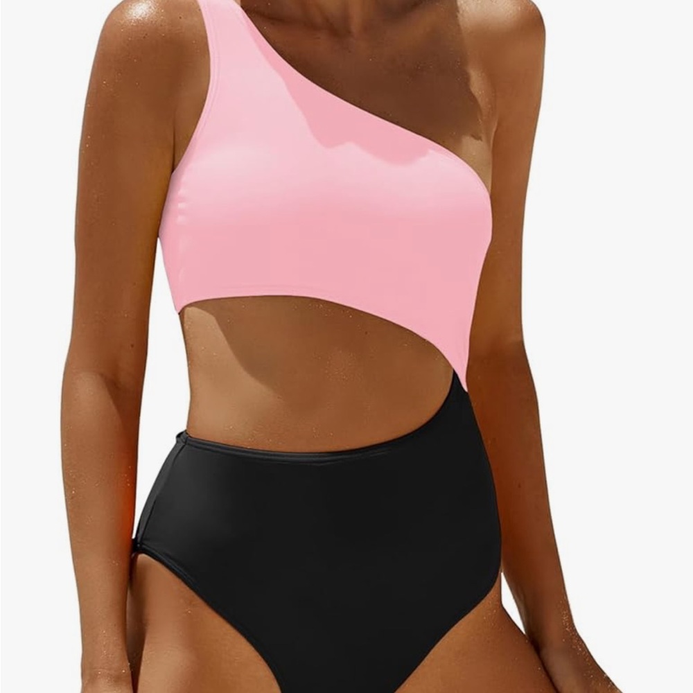 Pink and Black Asymmetrical One-Piece Swimsuit